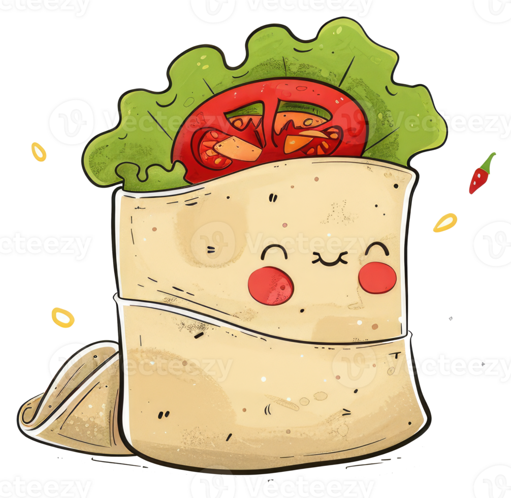 A friendly cartoon burrito featuring a tomato and lettuce topping png