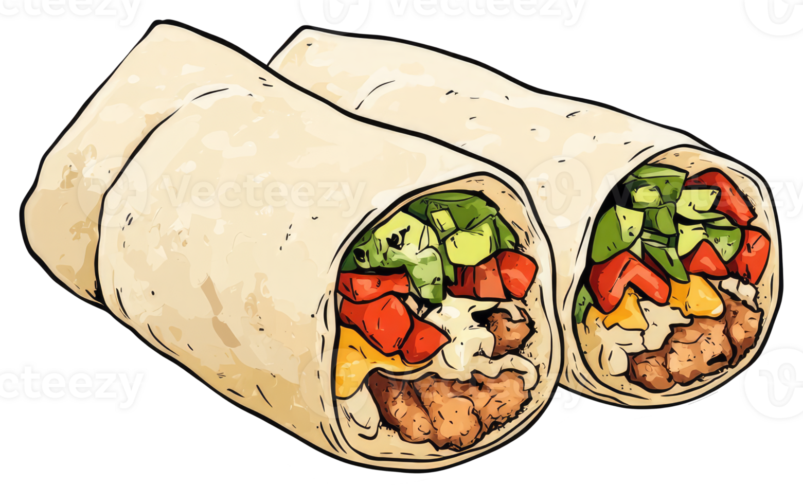 Two delicious burritos filled with fresh vegetables and chicken png