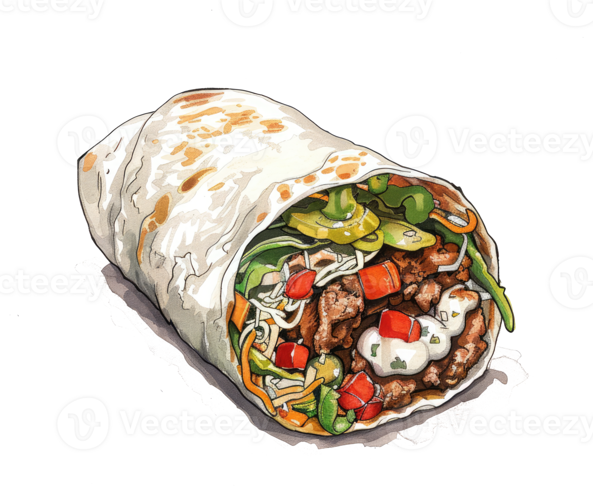 A colorful illustrated depiction of a filled savory burrito png