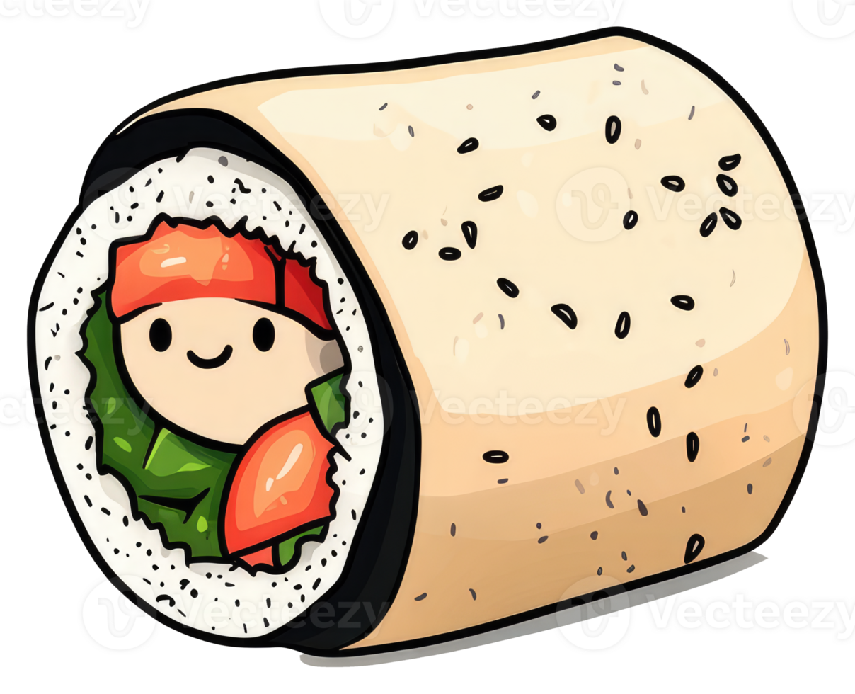 An illustrated sushi roll featuring a cartoon character inside it png