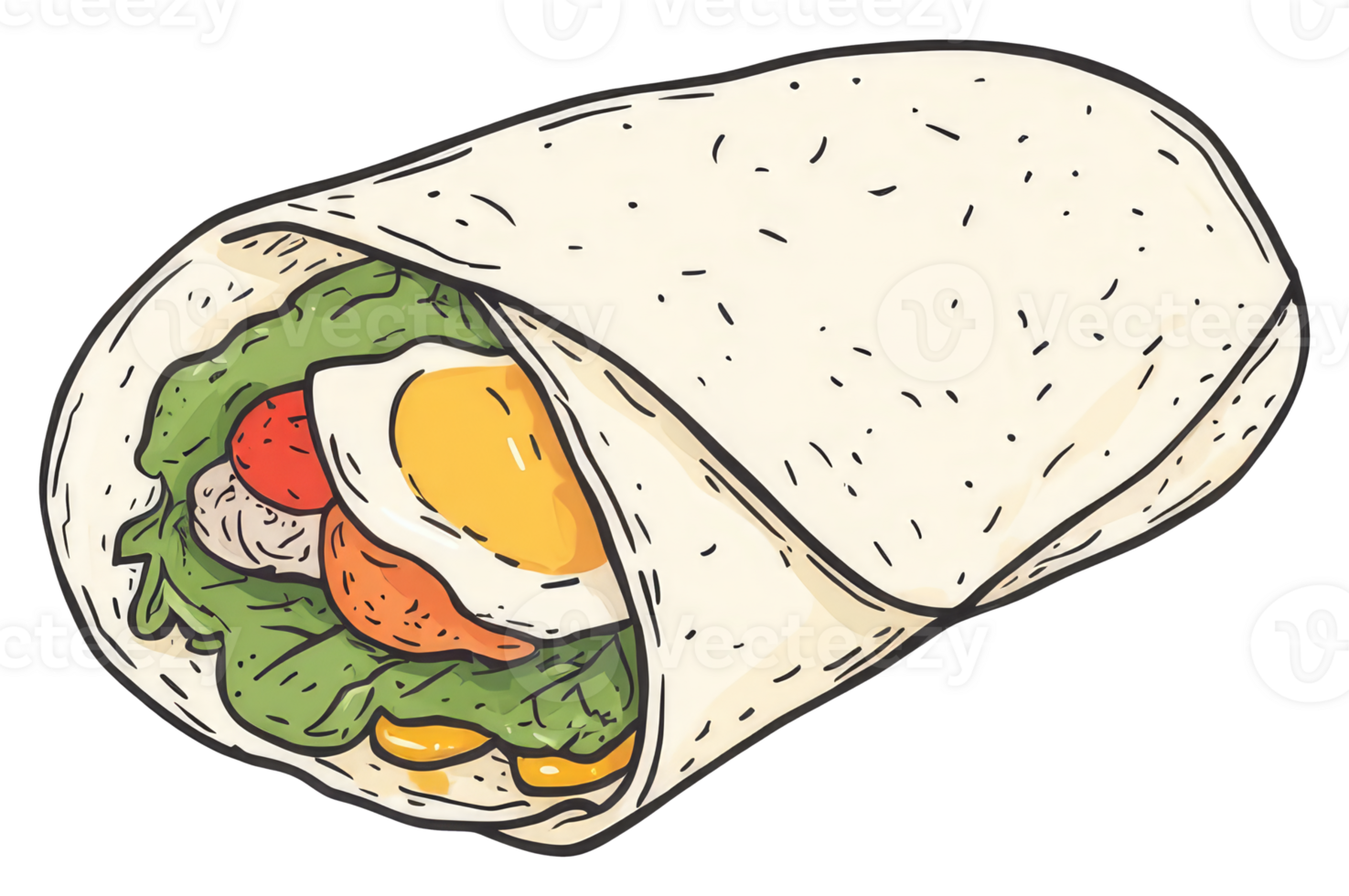 An illustrated wrap filled with fresh ingredients ready to eat png