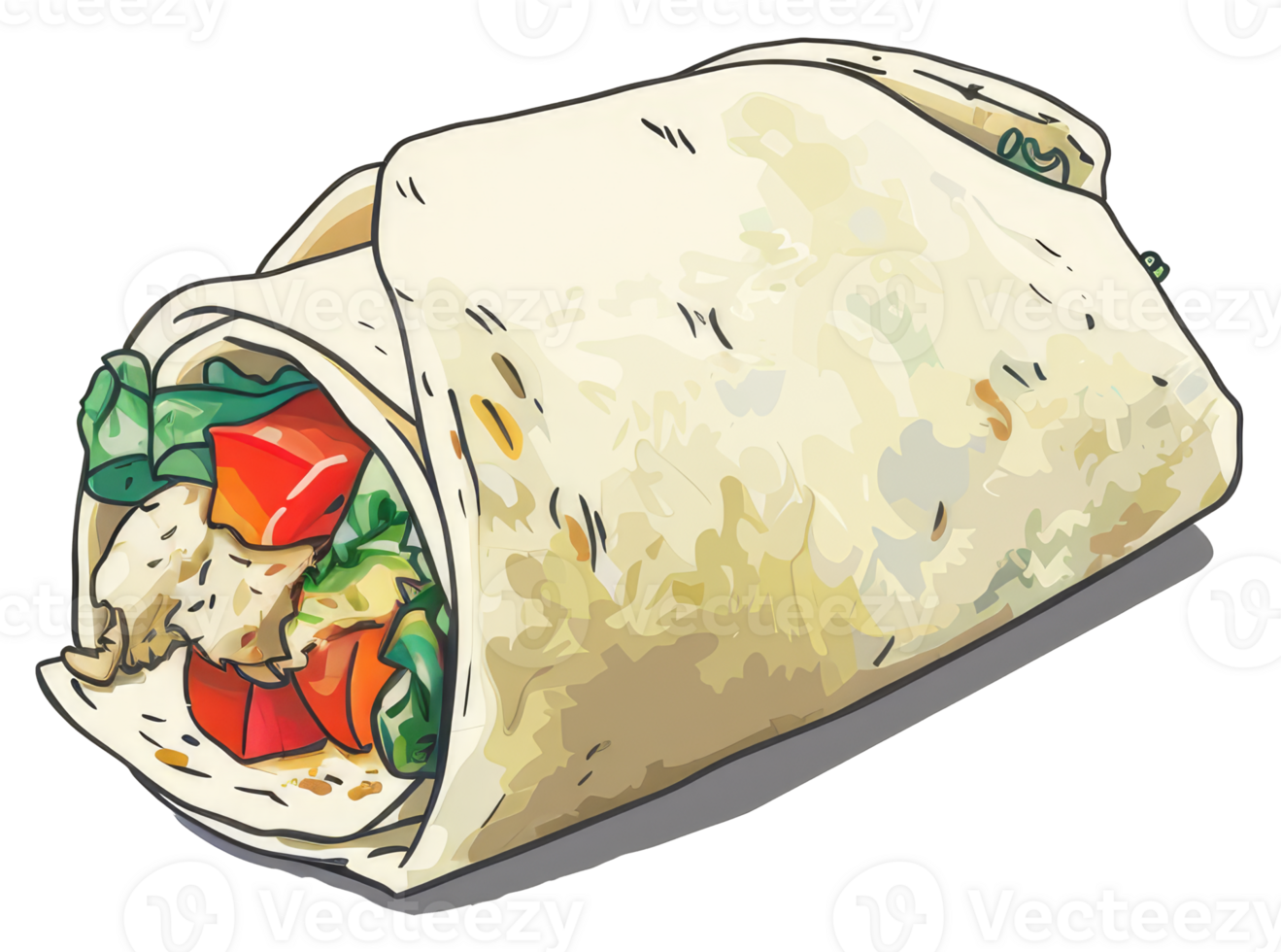 A colorful and delicious illustration of a wrapped filled burrito png