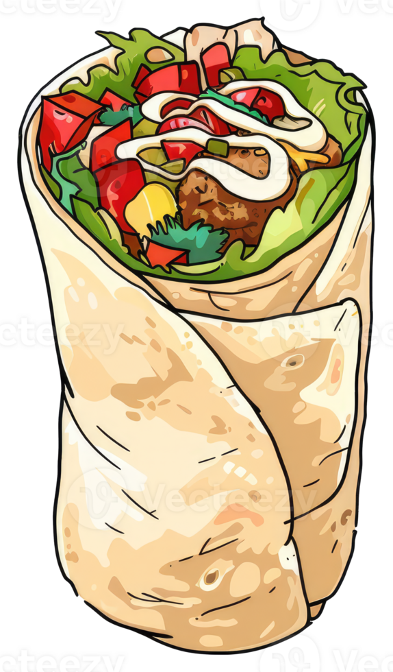 A colorful illustration of a tasty and filled burrito wrap png