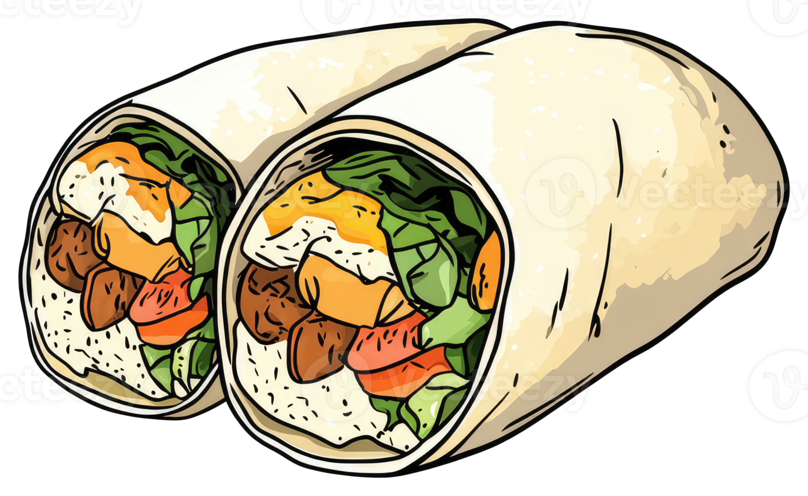 Two delicious looking filled wraps sit next to each other png