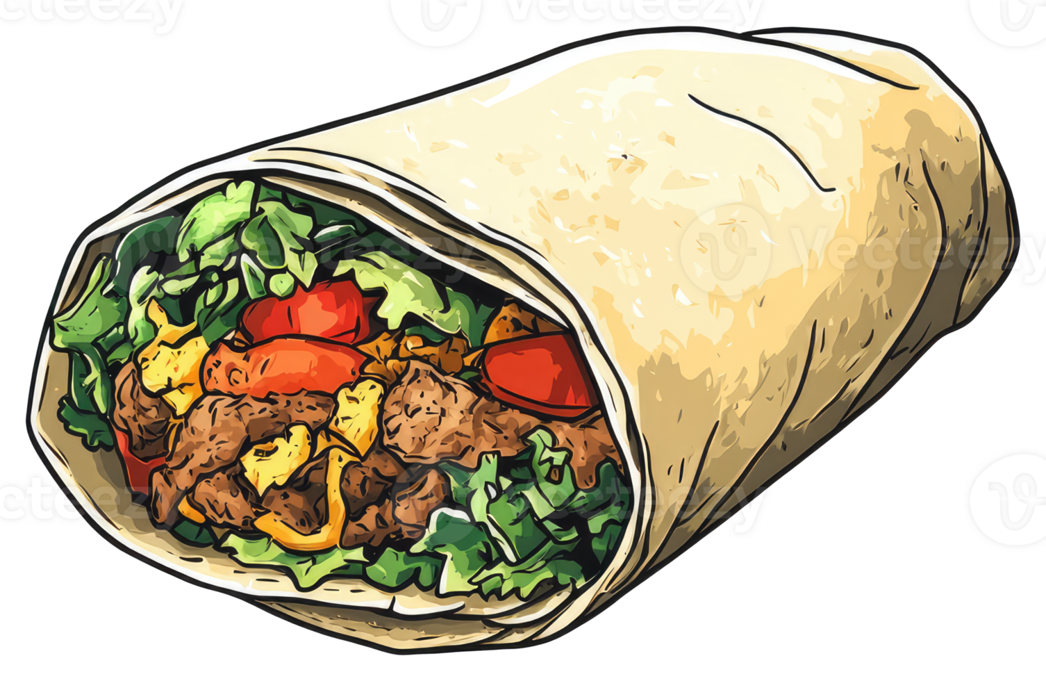 A colorful illustration showing a delicious stuffed burrito in a wrap png