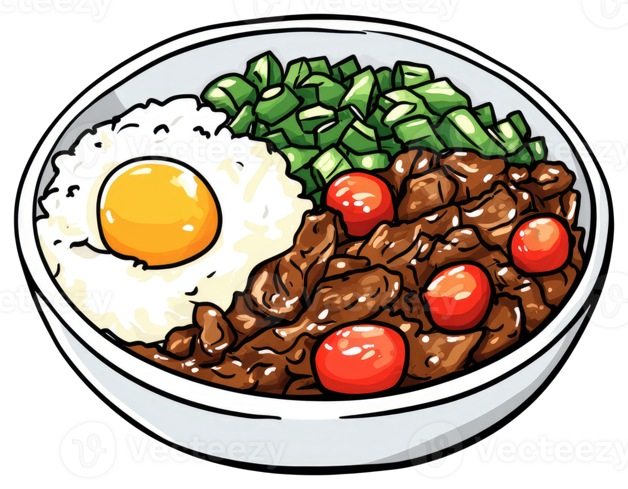 A delicious bowl of rice with various food items inside png