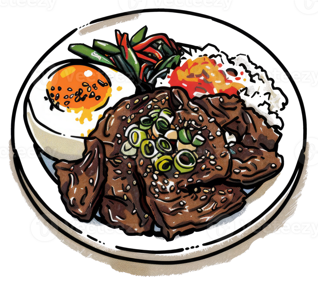 A plate features delicious grilled meat and various side dishes png