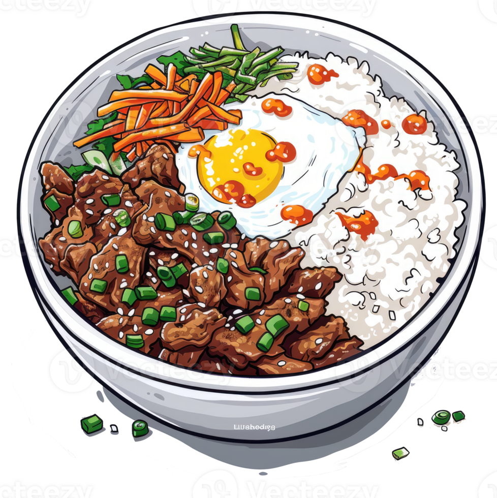 A delicious bowl of rice topped with various food items png