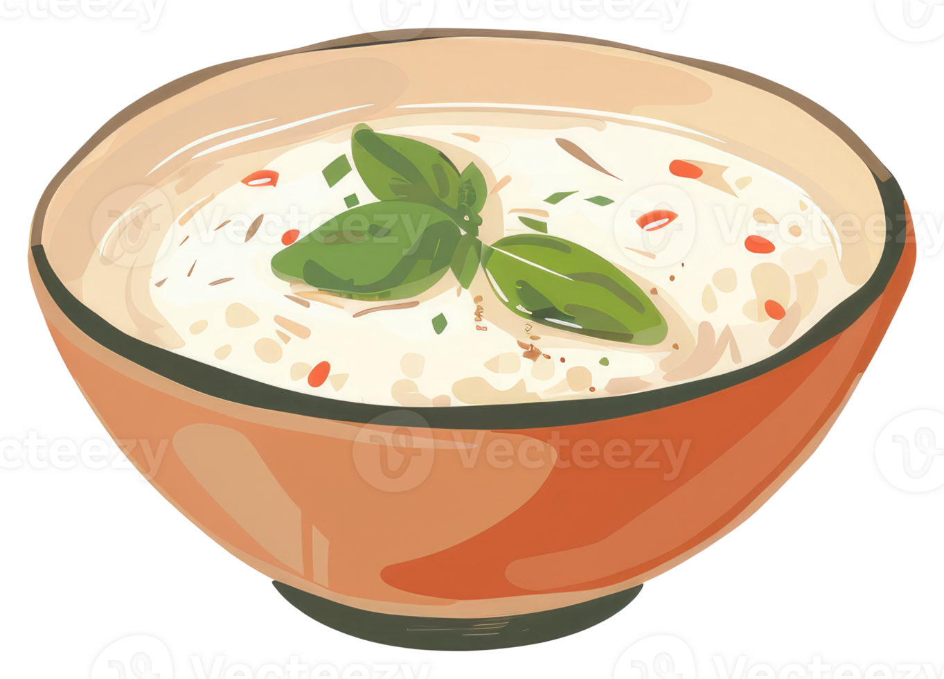 A bowl of creamy soup is decorated with green herbs png