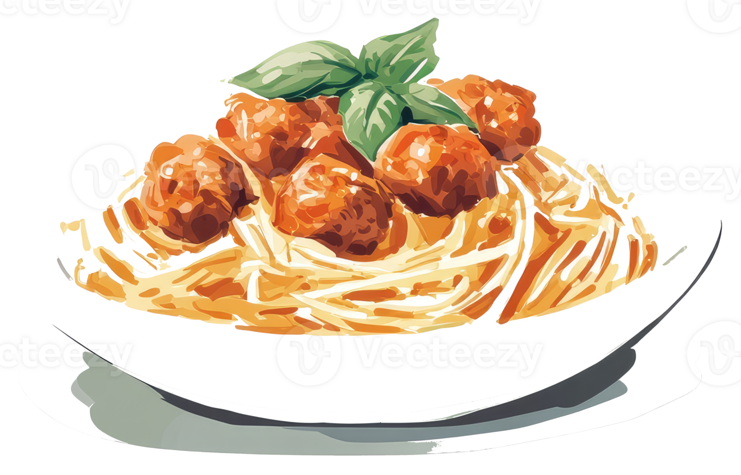 Delicious Spaghetti With Meatballs Garnished With Fresh Basil png