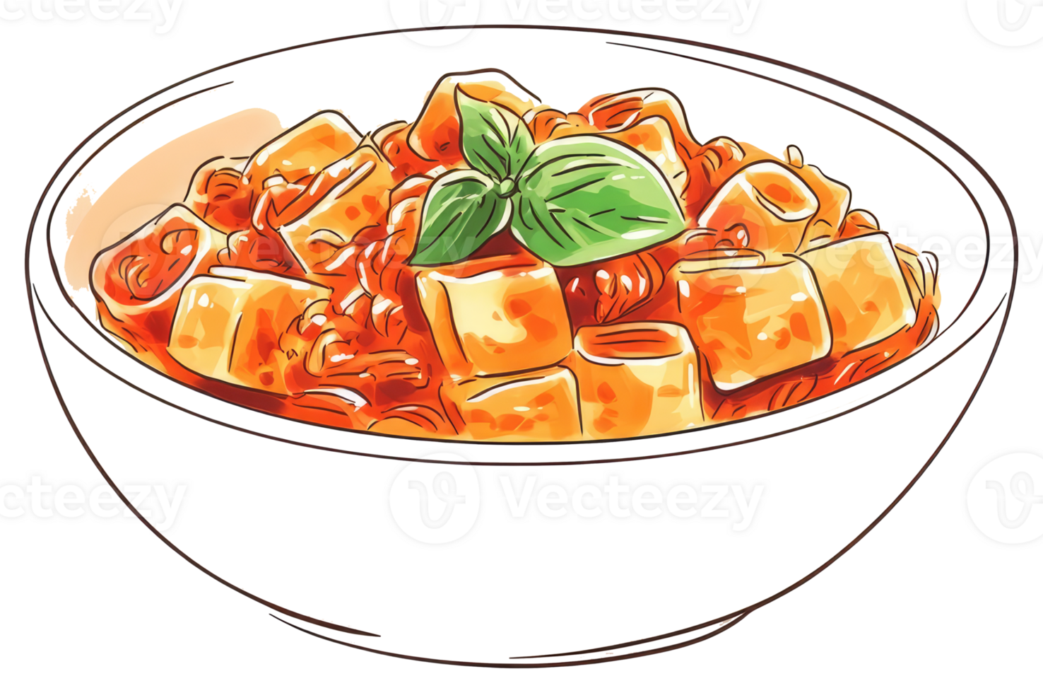 A bowl of cooked food with a basil leaf on top png