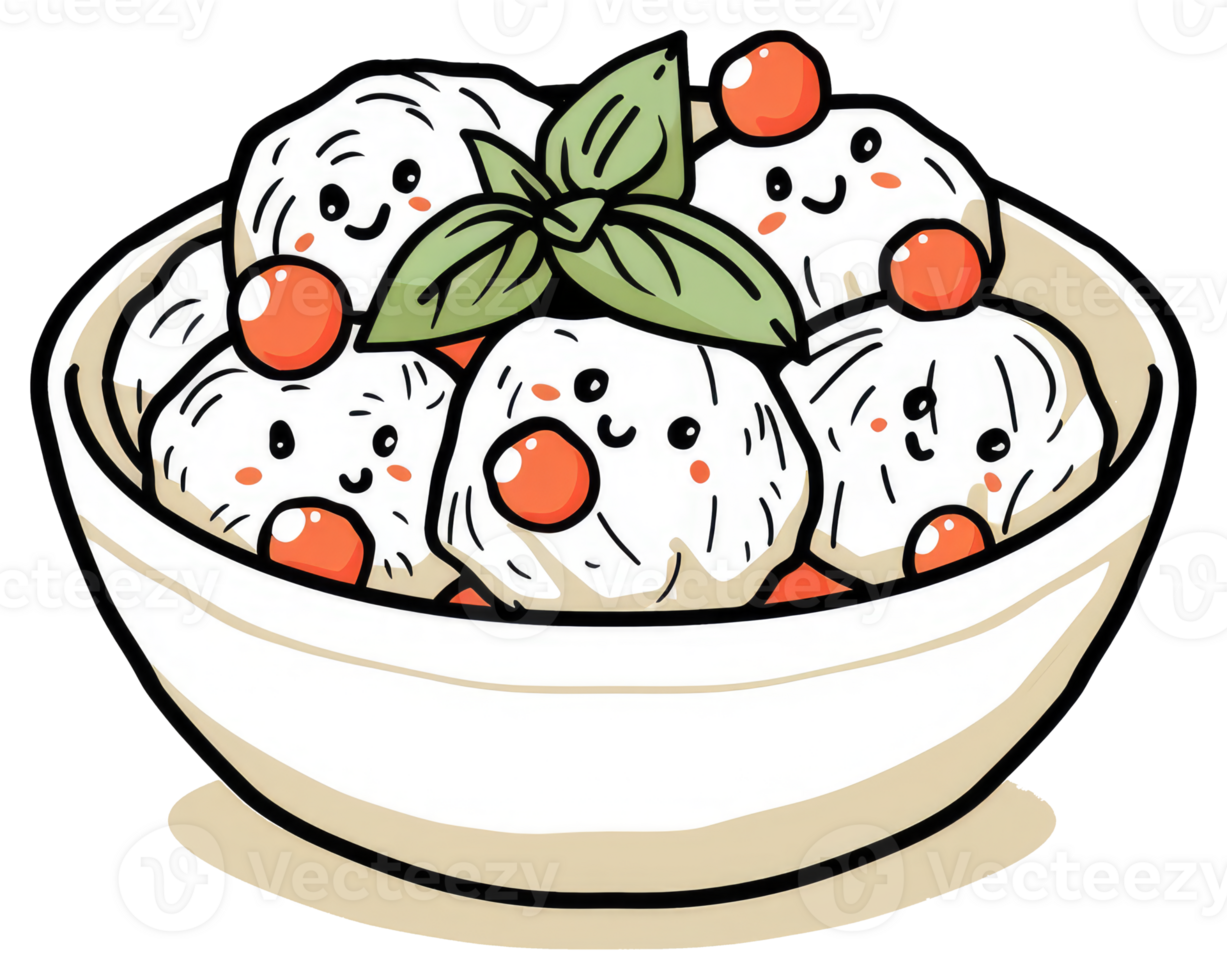 Animated bowl of food garnished with green basil and berries png