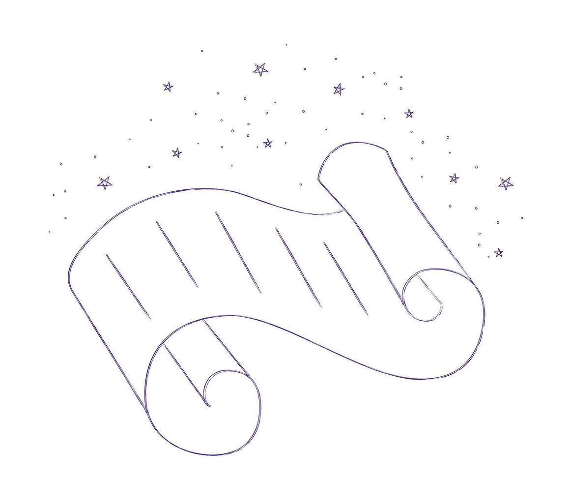 Whimsical Hand-Drawn Scroll with Stars. Fairytale element in sketch style. Hand drawn illustration isolated on white background vector