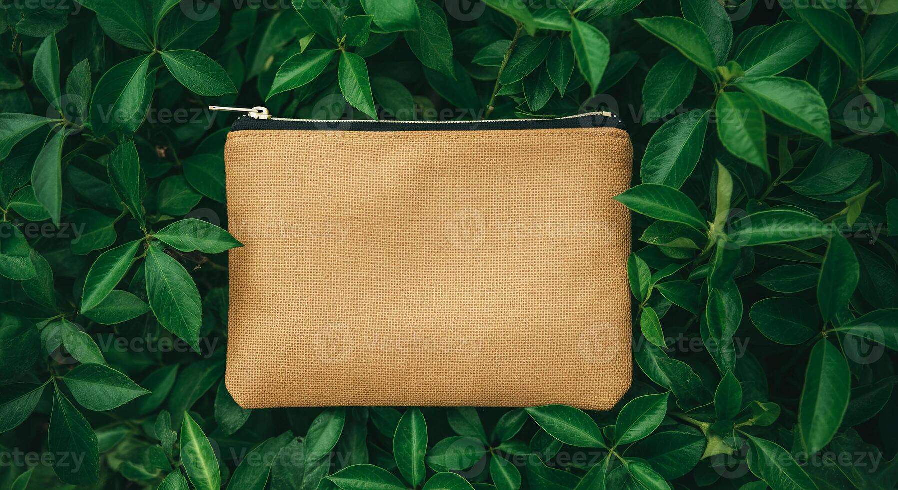 Earthy pouch nestled among vibrant green leaves, showcasing nature-inspired style photo