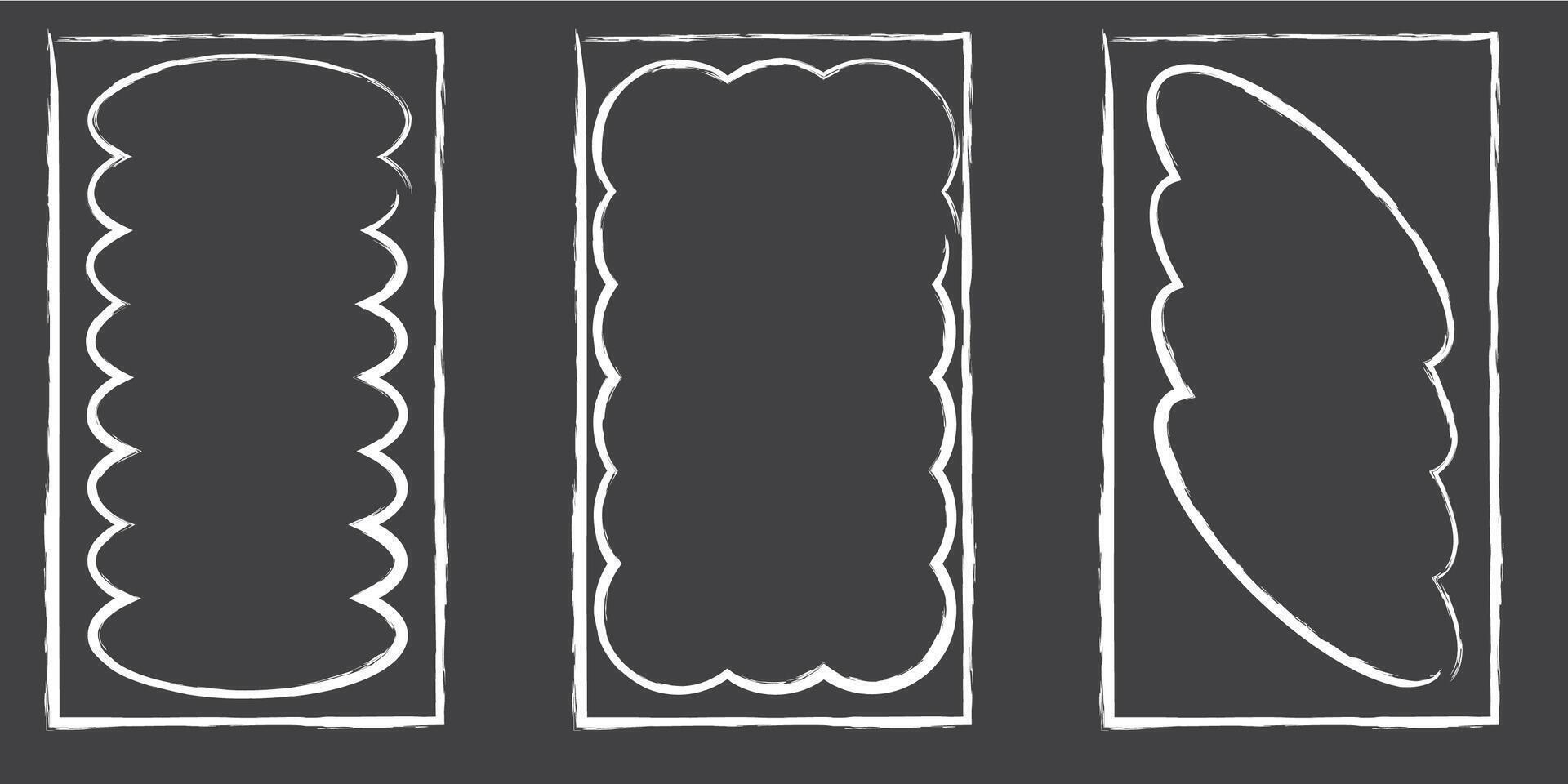 Hand drawn lace inner scalloped frames. Chalk line scalloped frames. 9 to 16 social media frames vector