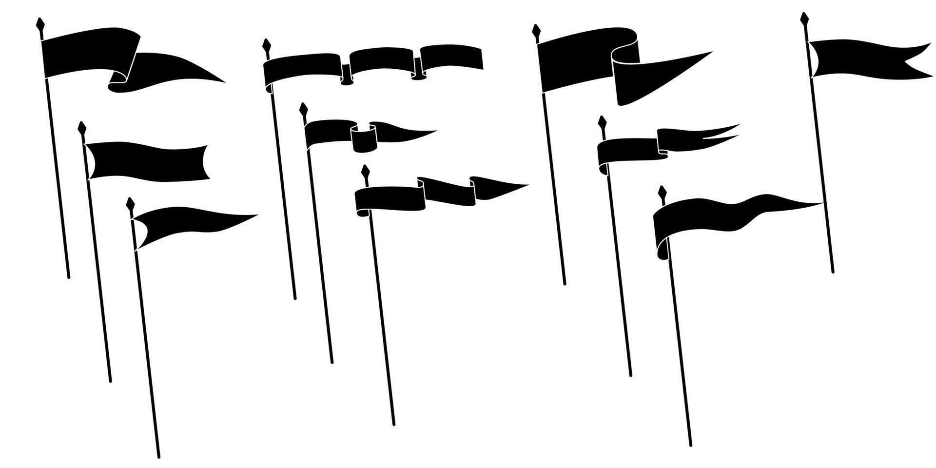 Retro pennant flags, banner pendants and waving blank signs on flagpoles, icon. Sport camp or university and varsity royal club pennant flags in white and black line outline or silhouettes vector