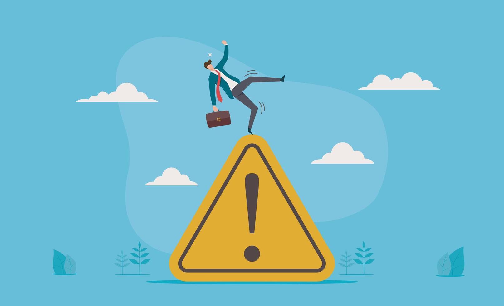 An illustration of businessman slip falling on exclamation symbol beware, careful caution sign. Mistake caution, business risk or problem warning, failure prevention vector