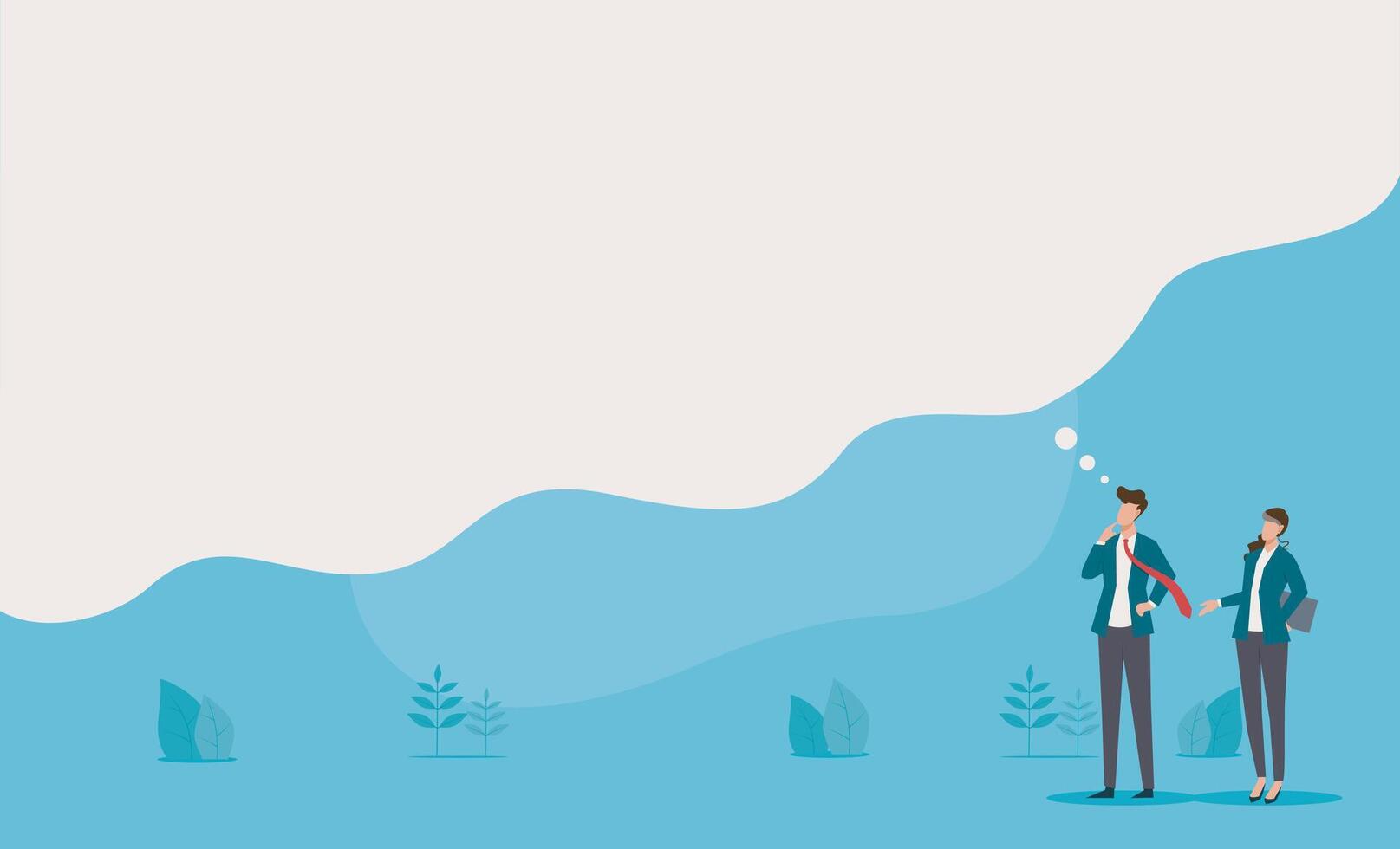 Man and woman in business attire contemplating on a blue background. Suitable for corporate presentations, financial websites, and professional marketing materials vector