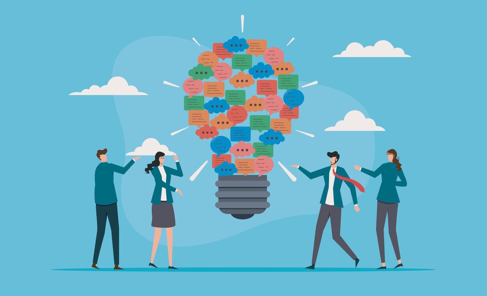 Clear and effective communication, solutions through discussions or meetings, delivery of important information, innovative ideas in teams, business conversations with speech symbols and inspiration vector