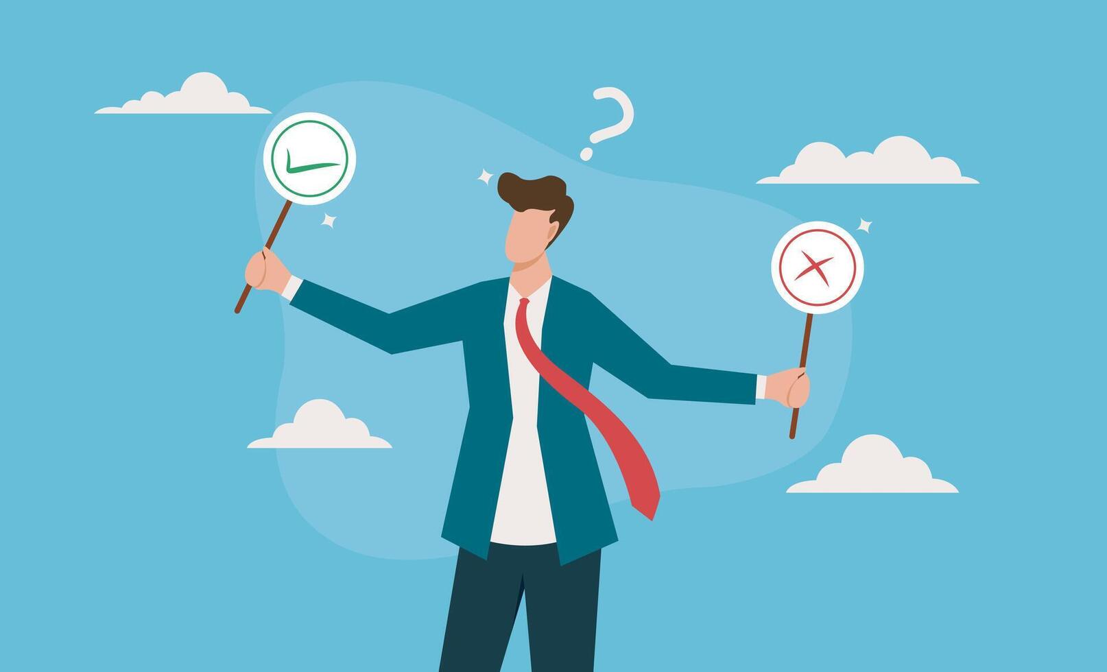 Businessman in a suit holding a check mark and x symbol. Great for decisionmaking, business concepts vector