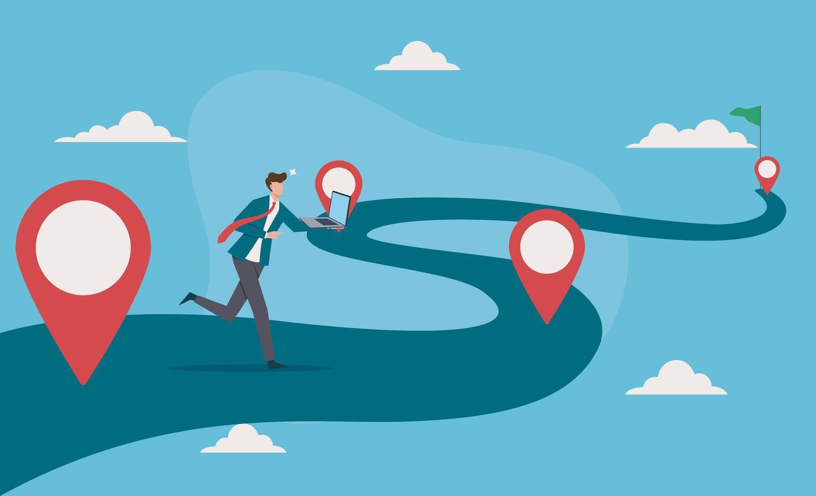 Man running towards a goal on a winding road. Suitable for motivational content, success concepts, fitness goals, and perseverance themes in designs vector