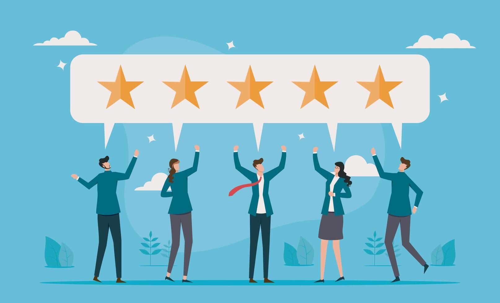 Customer loyalty and consumer satisfaction are shown through five-star reviews, reflecting the best experience and trust to use the service again vector