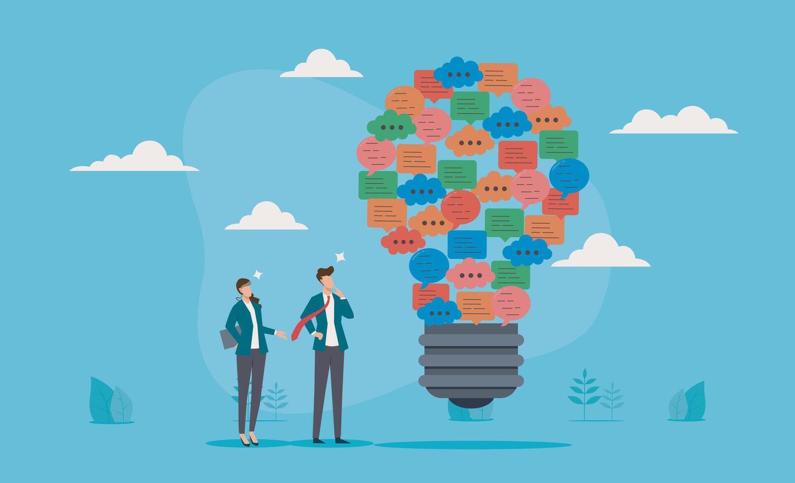 Two businesspeople by a speech bubble lightbulb symbolize creative thinking and communication in a business setting. Ideal for business concepts and presentations. vector