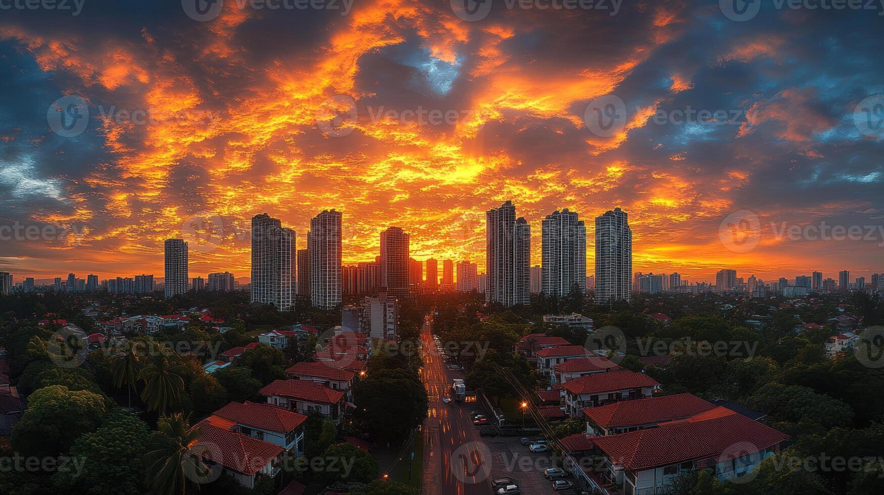 A sunset over a city with tall buildings photo