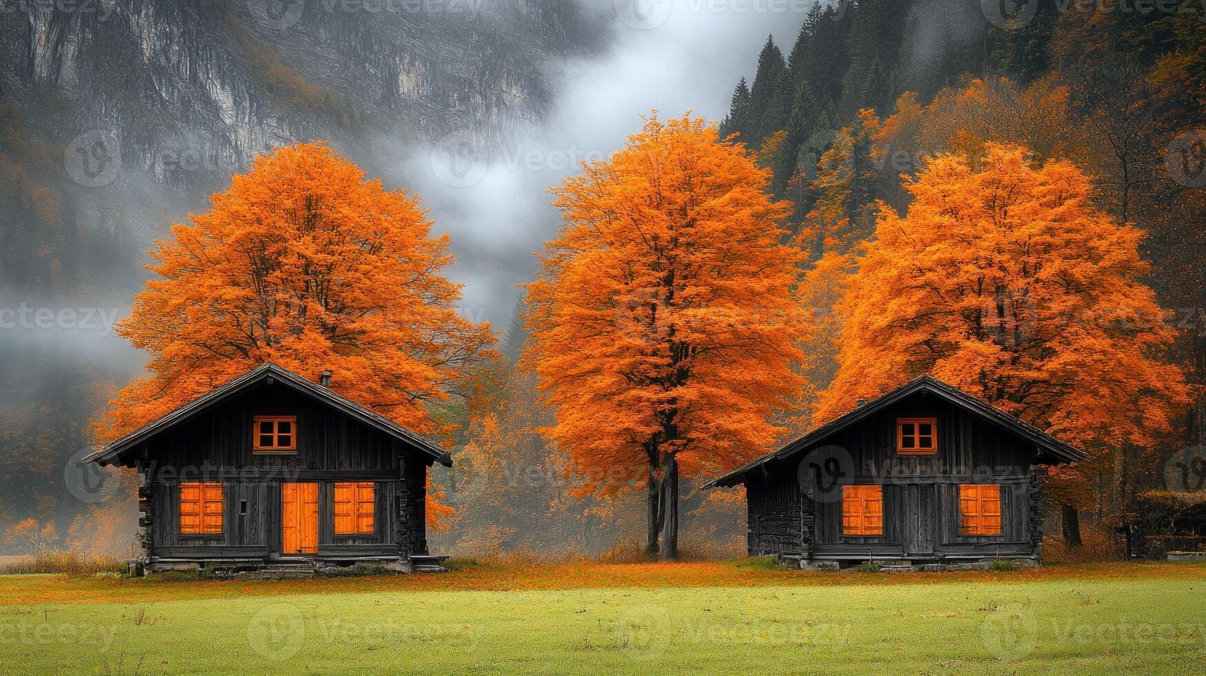 Two small wooden houses with orange trees in the background photo