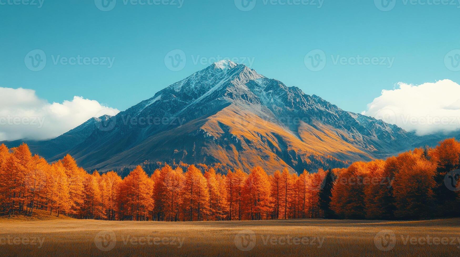 A mountain with orange trees and a blue sky photo