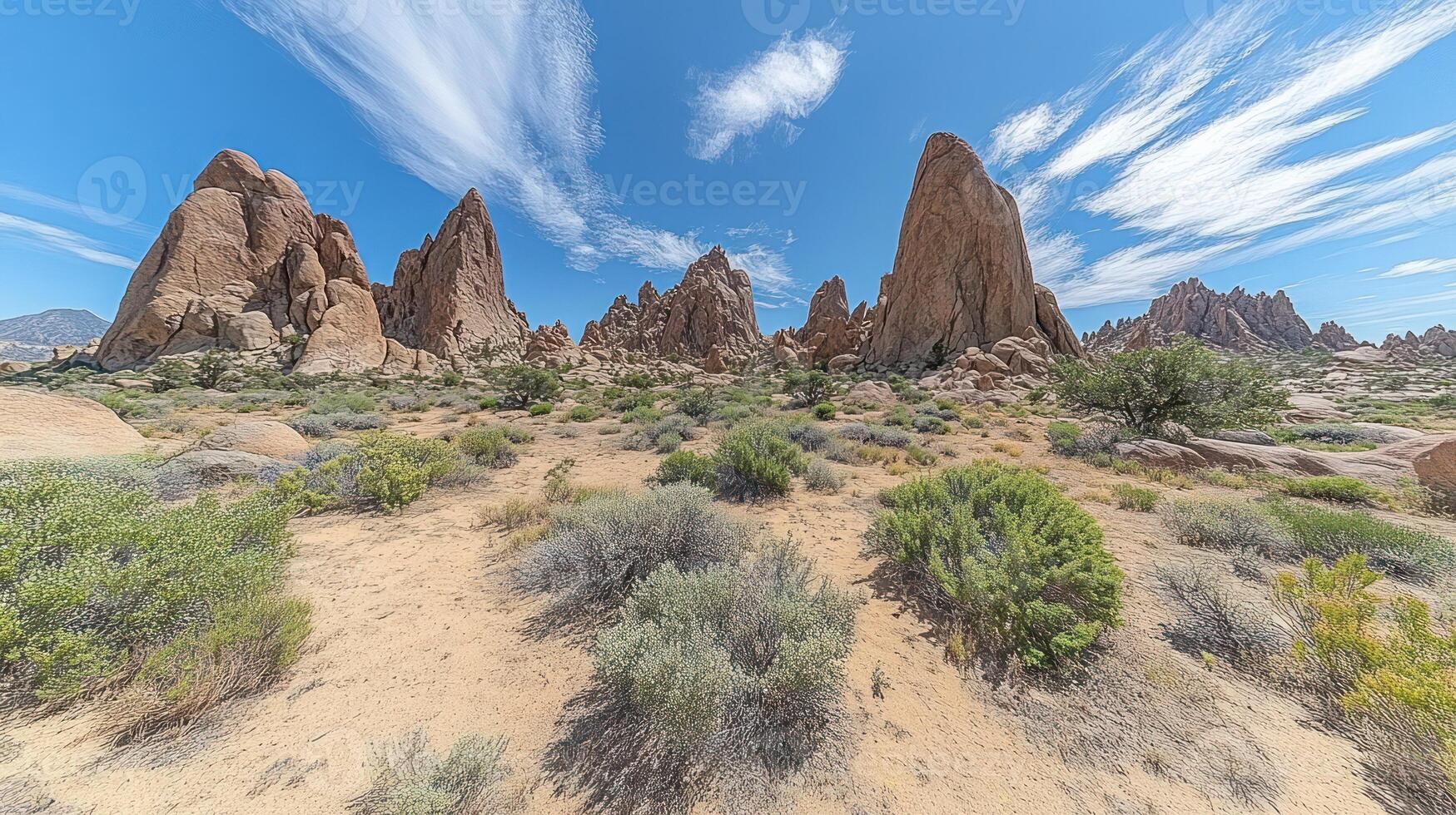 A panoramic view of the desert with rocks and bushes photo