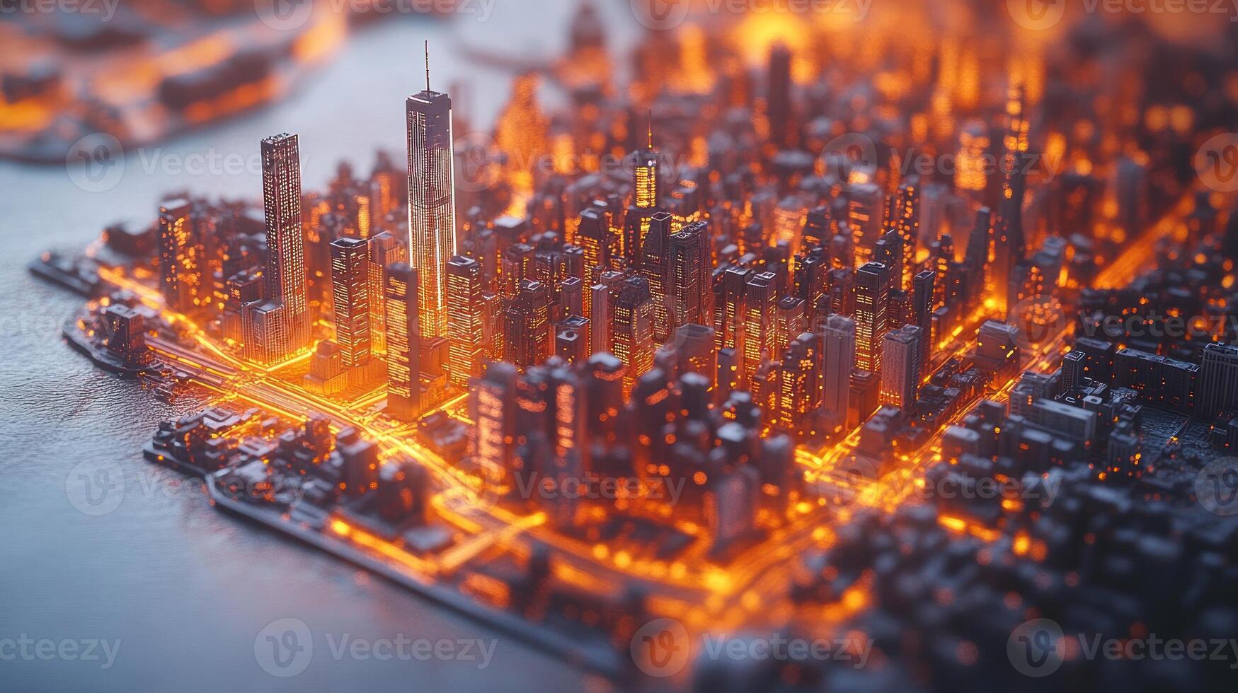 An aerial view of a city at night photo