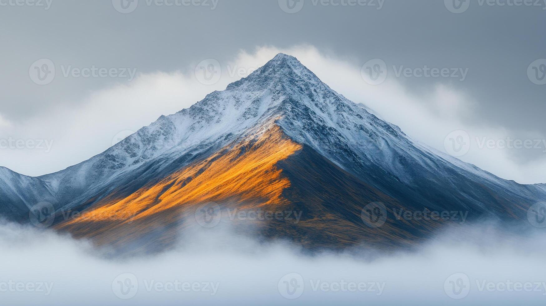 A mountain covered in clouds with a bright orange sun photo
