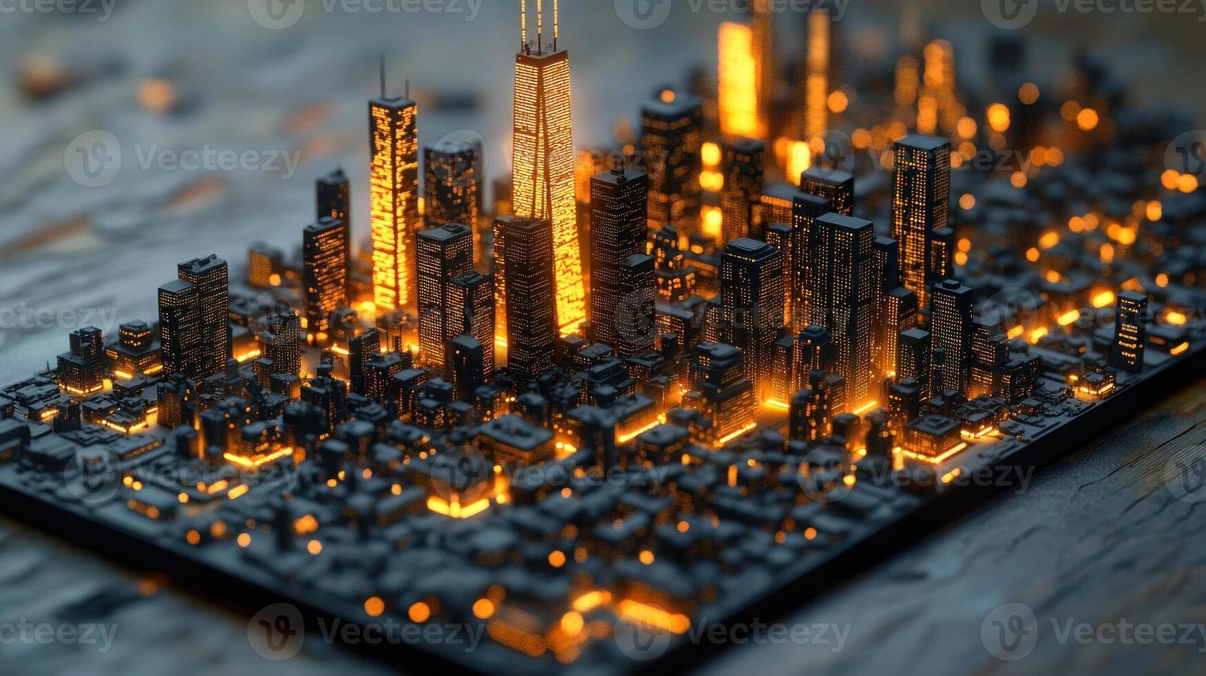 A 3d model of a city with orange lights photo