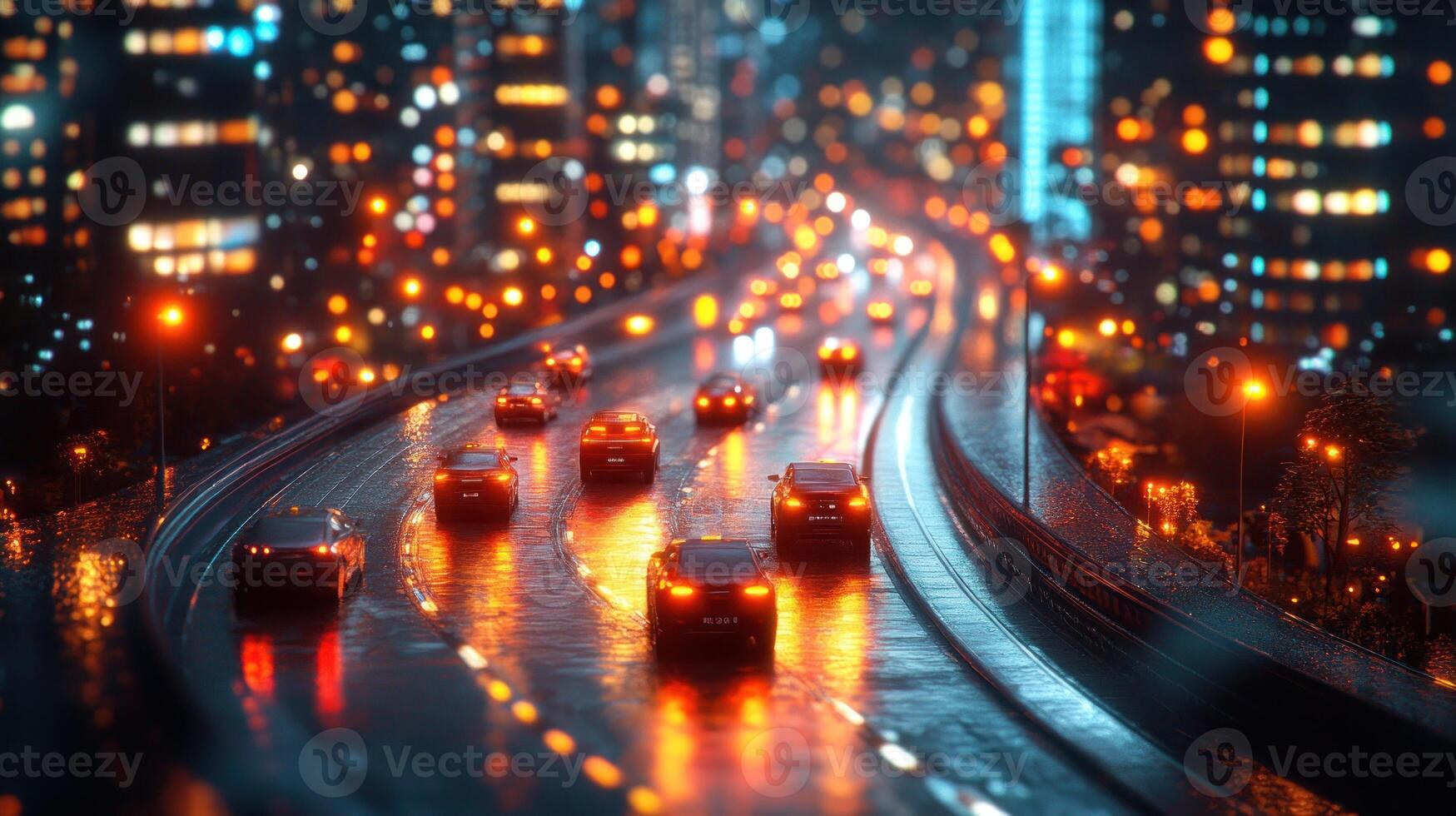 Cars driving on a highway at night with lights on photo