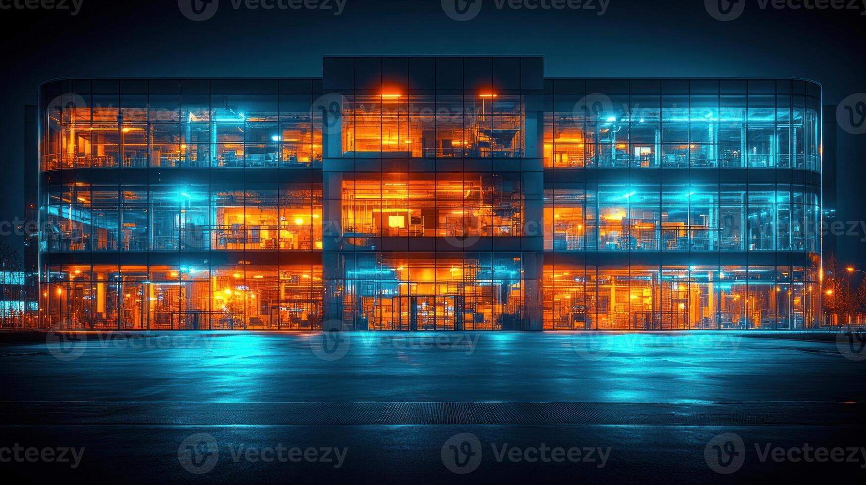 A building with lights on at night photo