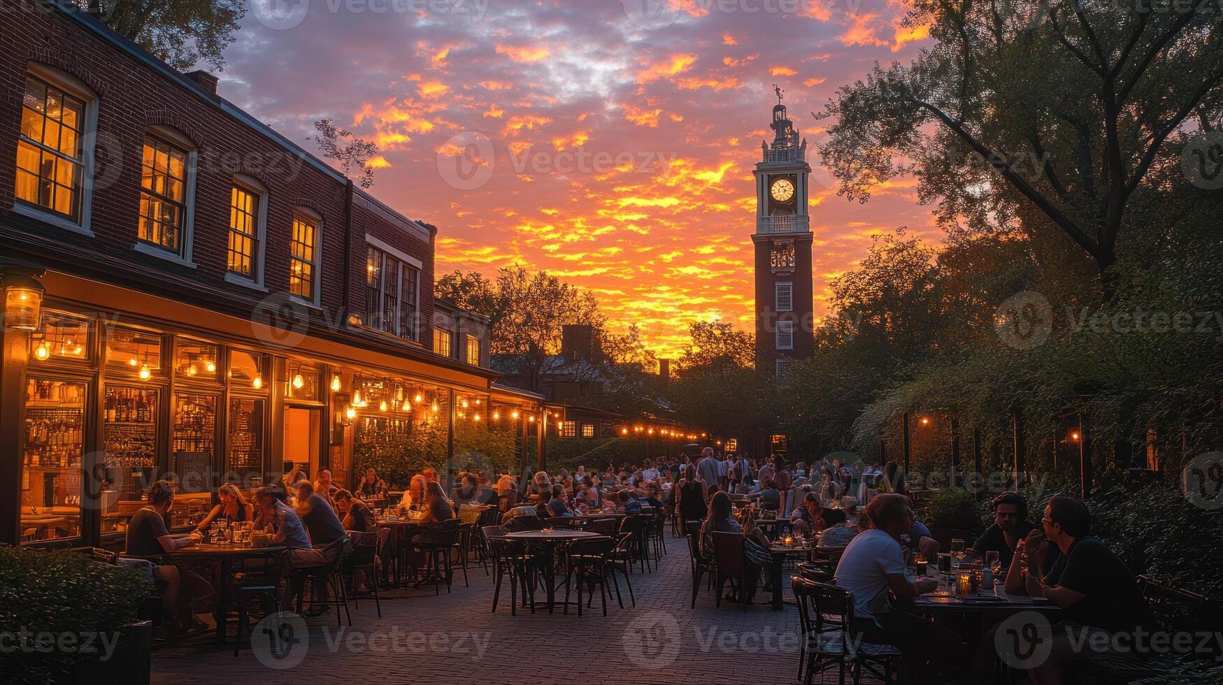 A restaurant with tables and chairs at sunset photo