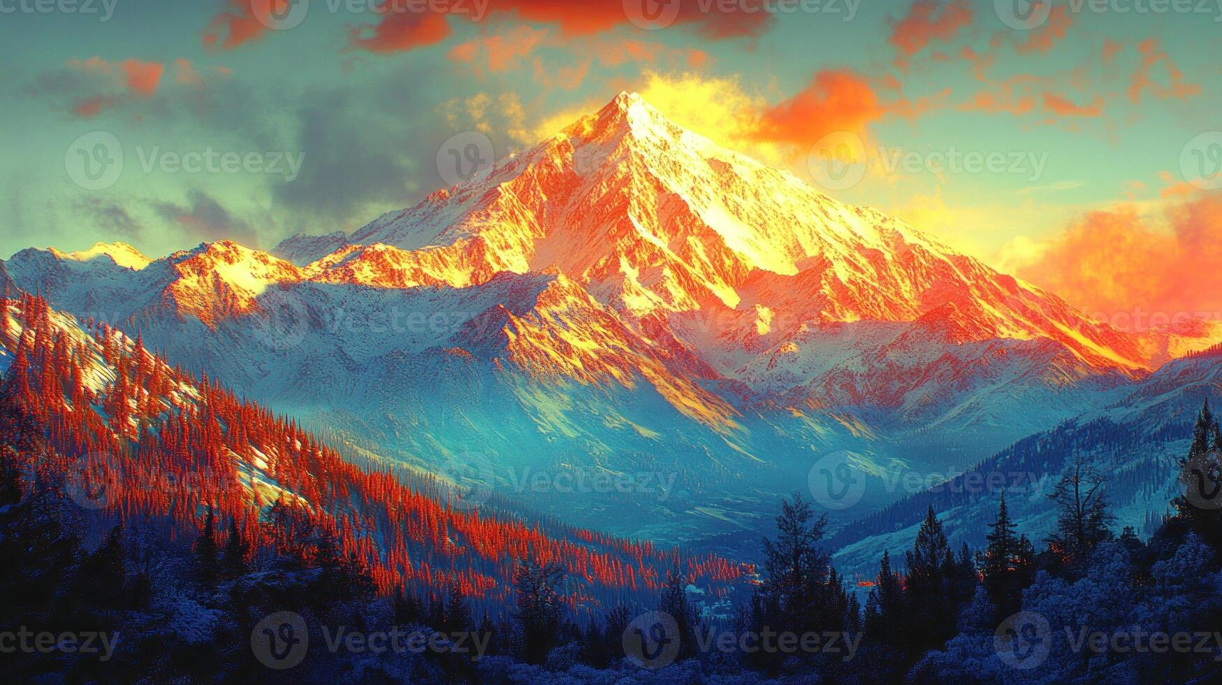 A mountain with a colorful sky and trees photo