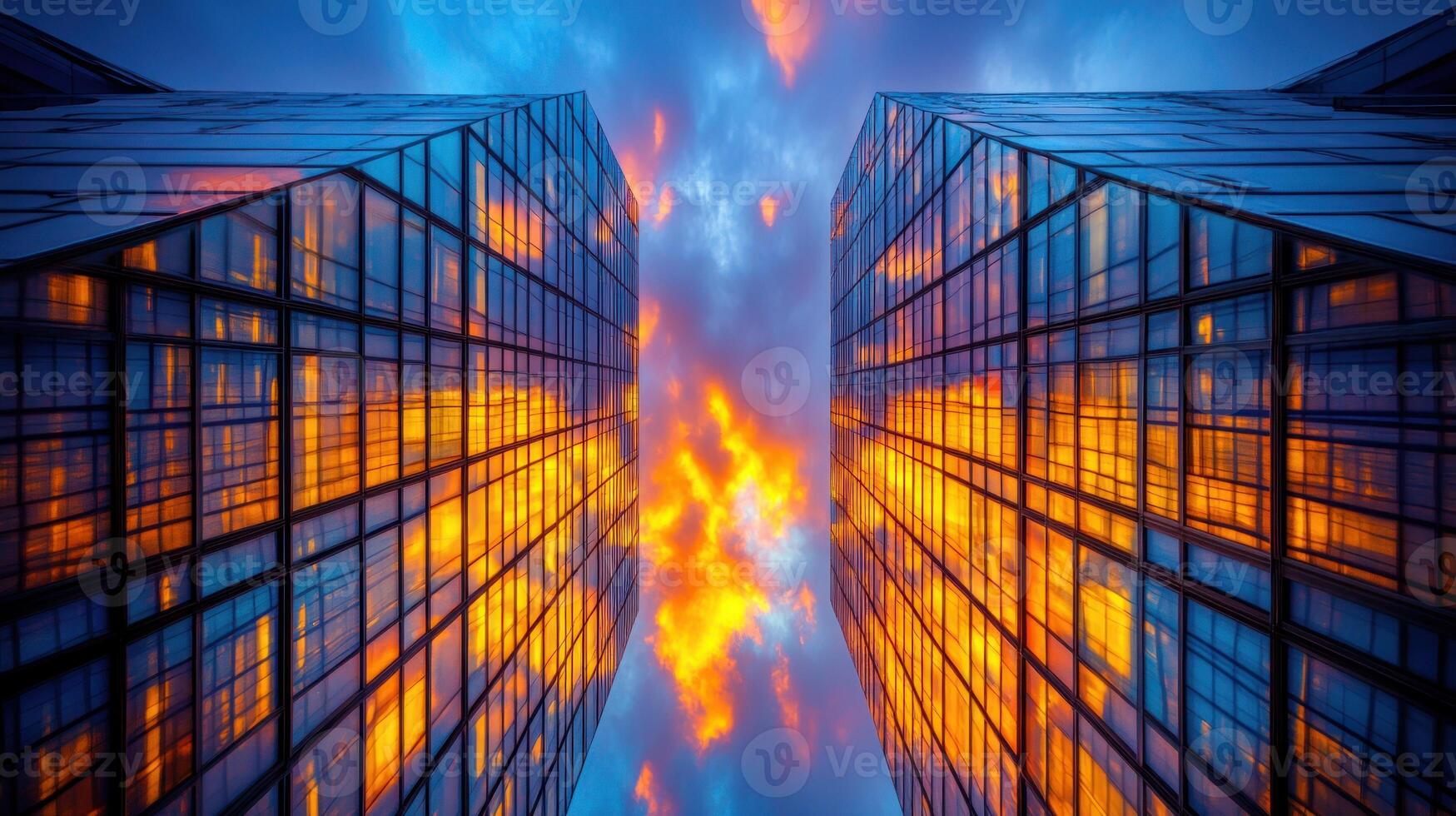 Two tall buildings with orange and blue lights photo