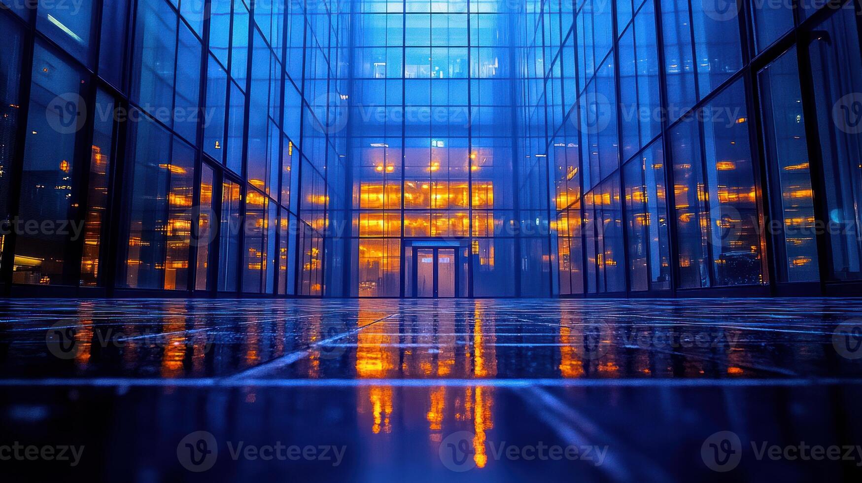 A dark hallway with glass windows and lights photo