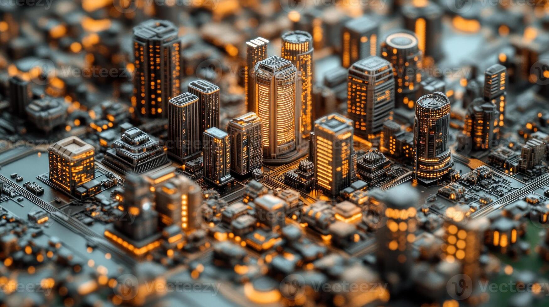 3d cityscape with skyscrapers and lights photo