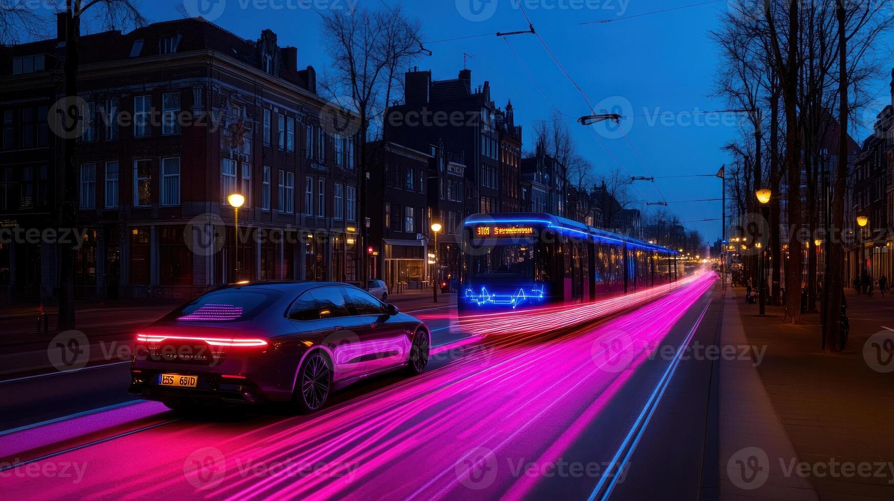 A car driving down a street with a purple light trail photo