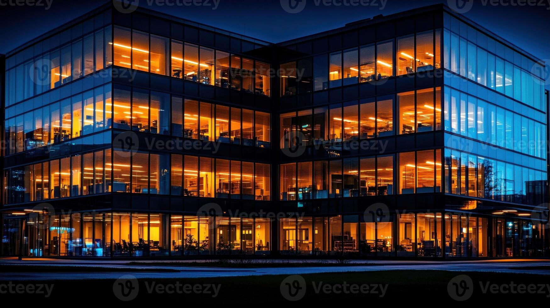 A large building with many windows lit up at night photo