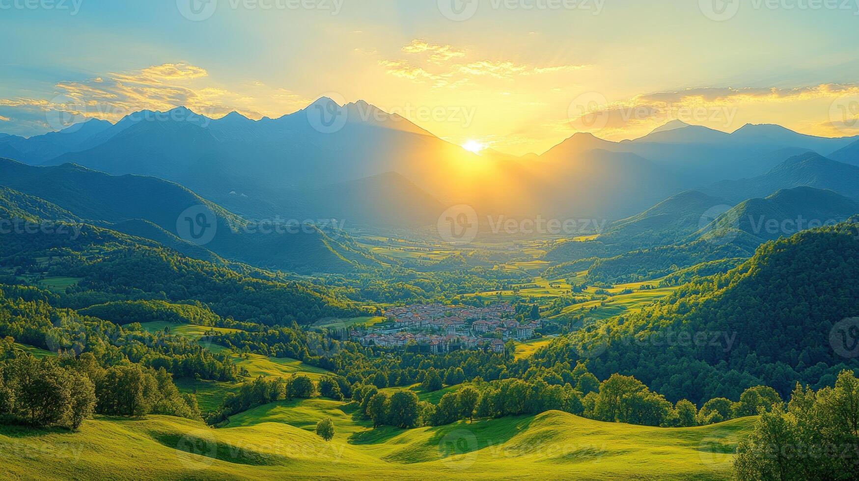 A beautiful view of a valley with mountains in the background photo