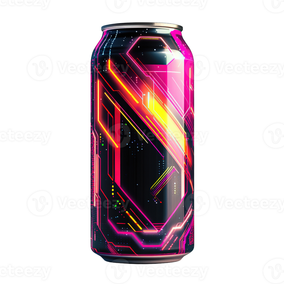 Glowing Neon Themed Soft Drink Can with High Tech Holographic Cyber Design png