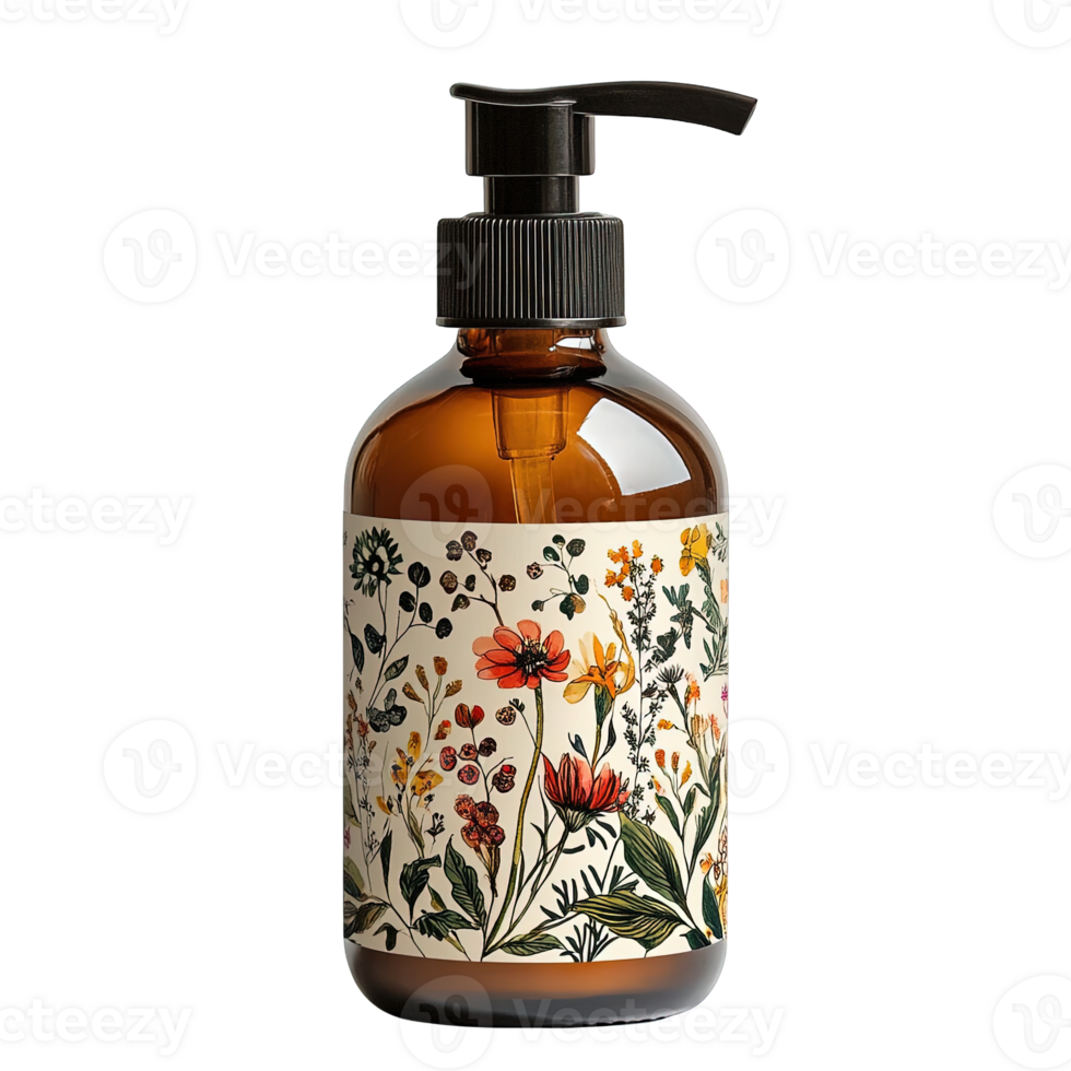 Organic Liquid Soap Bottle with Eco Friendly Botanical Design and Pump Dispenser on Transparent Background png