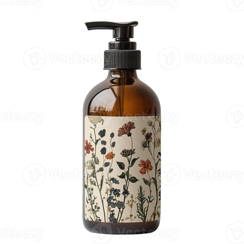 Stylish Hand Soap Dispenser with Botanical Print Label in Amber Glass Bottle on Transparent Background png