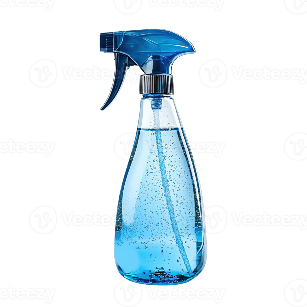Transparent Plastic Spray Bottles Filled with Blue Window Cleaning Solution Isolated on Transparent Background png