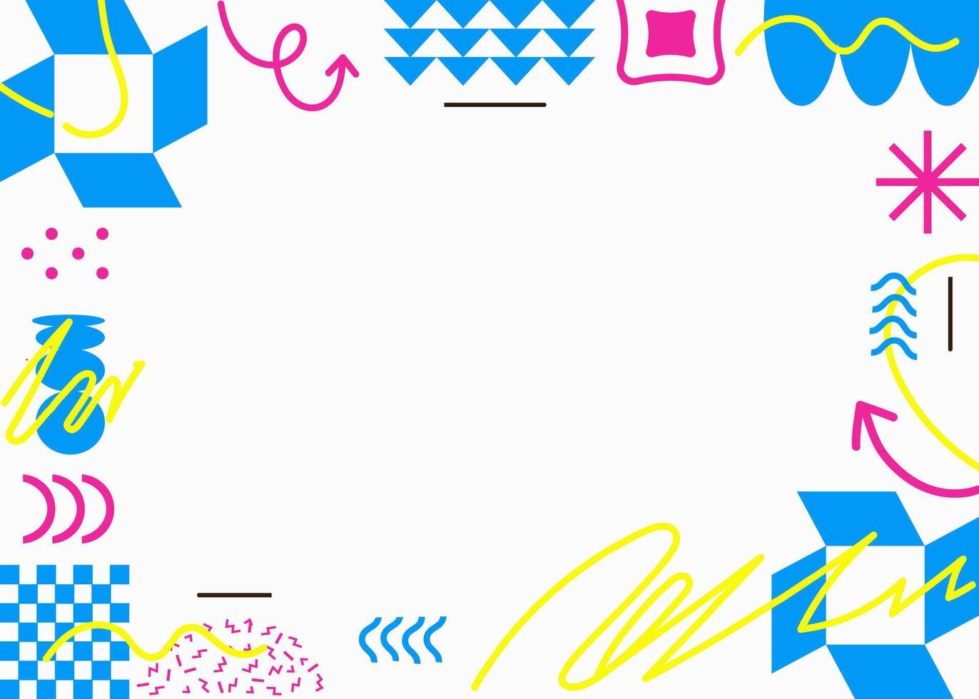 Memphis-era 80s and 90s style background with a white background and blue, yellow, and pink elements. vector