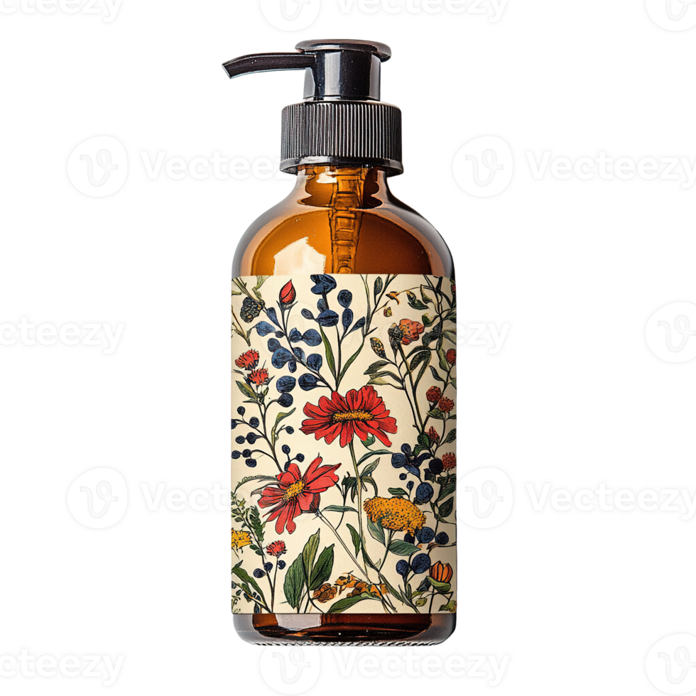 Rustic Apothecary Style Soap Bottle Featuring Delicate Floral Artwork Label on Transparent Background png